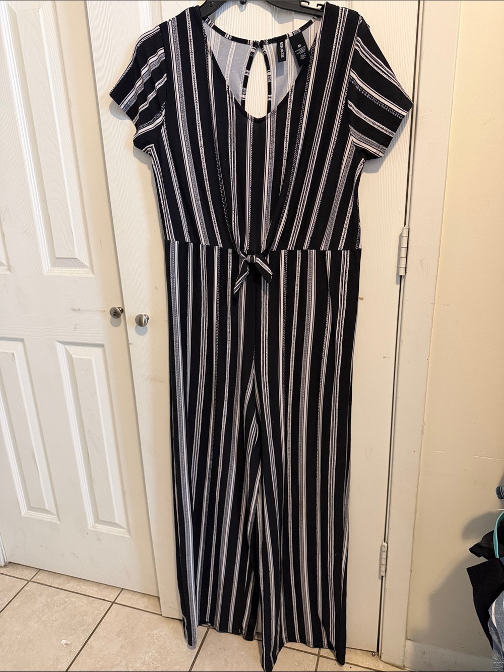 Black & White Vertical Stripe Wide-Leg Jumpsuit by Kristin Nicole
